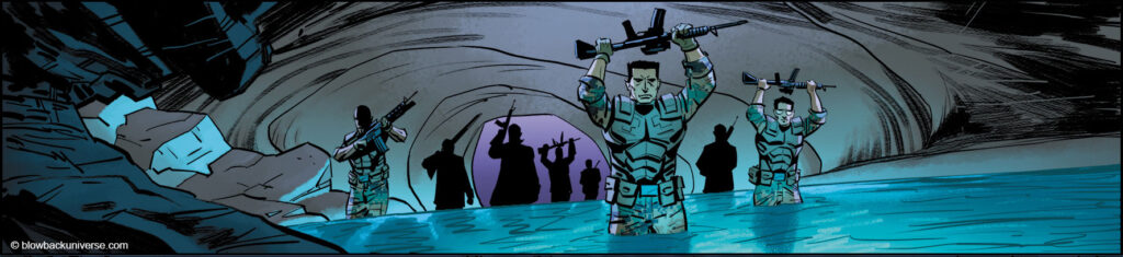 Interior panel of graphic novel, Blowback, by James Hereth, Rhonda Smiley, Kev Hopgood, and Charlie Kirchoff.