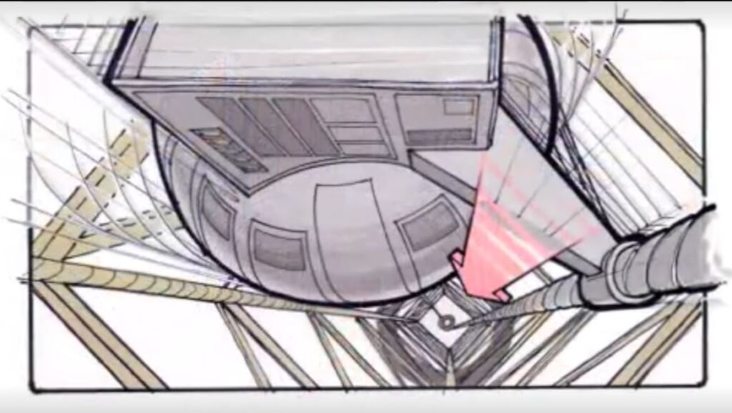 Storyboard showing the originally-scripted atomic test that would power Marty's return home in "Back to the Future" (1985)