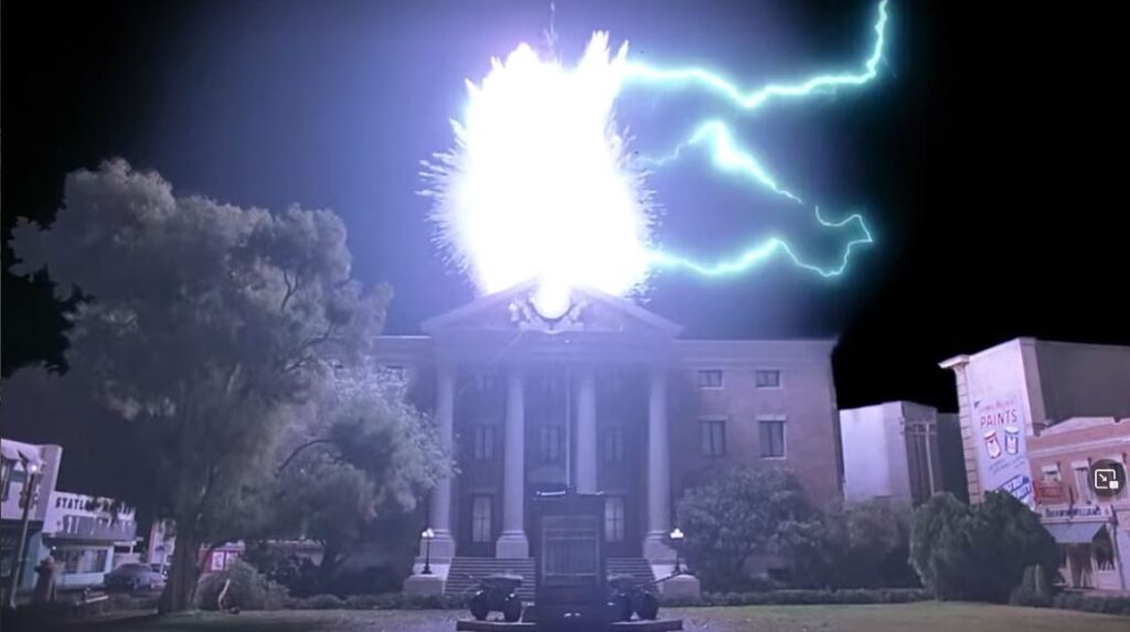 Lightning strikes the clock tower in "Back to the Future" (1985)