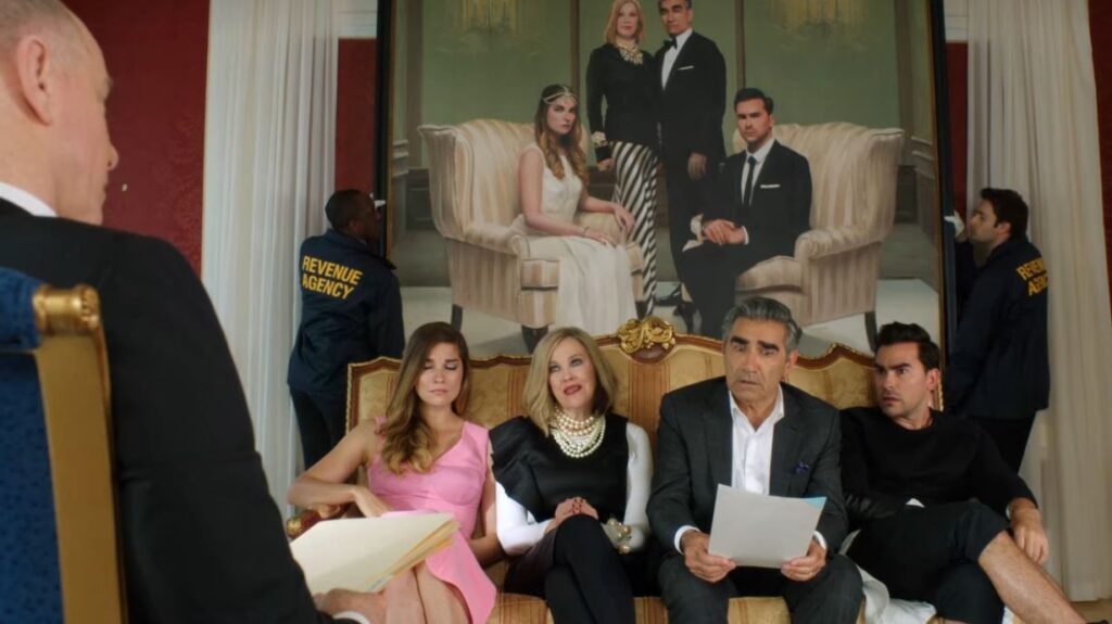 Annie Murphy, Catherine O'Hara, Eugene Levy, and Dan Levy in the pilot episode of "Schitt$ Creek" (2015).