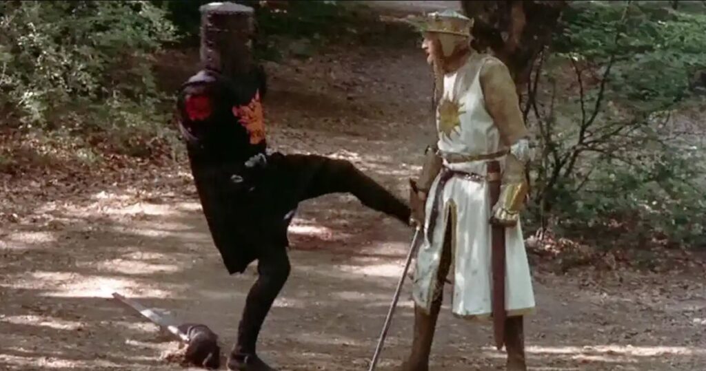 The armless Black Knight kicks King Arthur in "Monty Python and the Holy Grail" (1975)